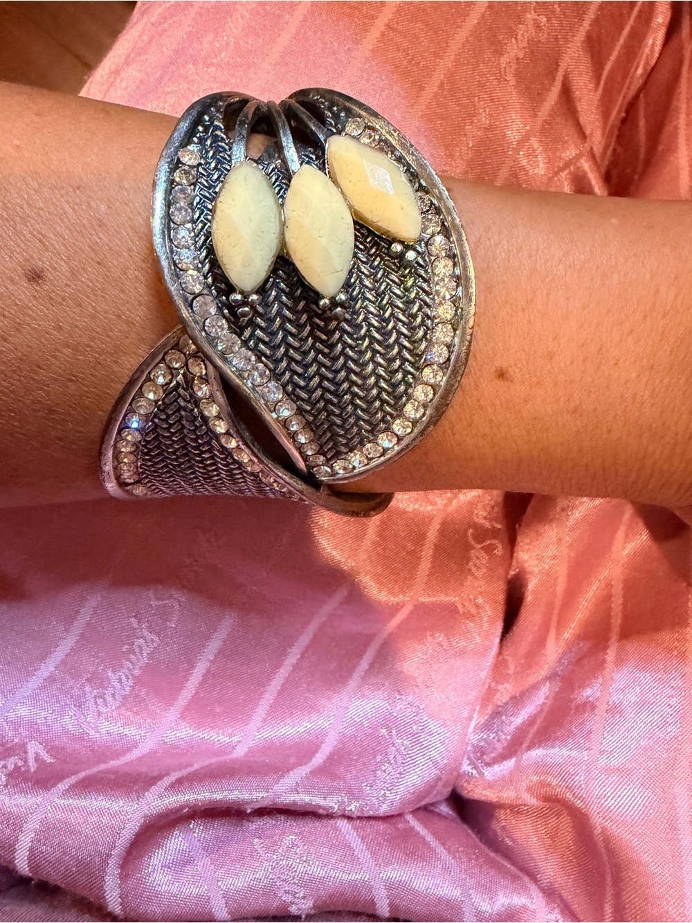 Vintage Silver-Tone Braided Cuff Statement Bracelet with Cream Stones